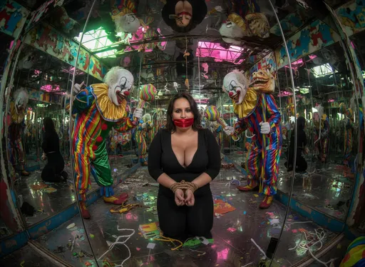 Prompt: @BlhHxNeQlDGAepnQGvjB psychedelic fantasy: Latina wife @Desiree has an acid trip fantasy where she is kidnapped, bound, gagged, taken to a mirror maze at an abandoned amusement park and disciplined by a pair of evil demonic circus clowns