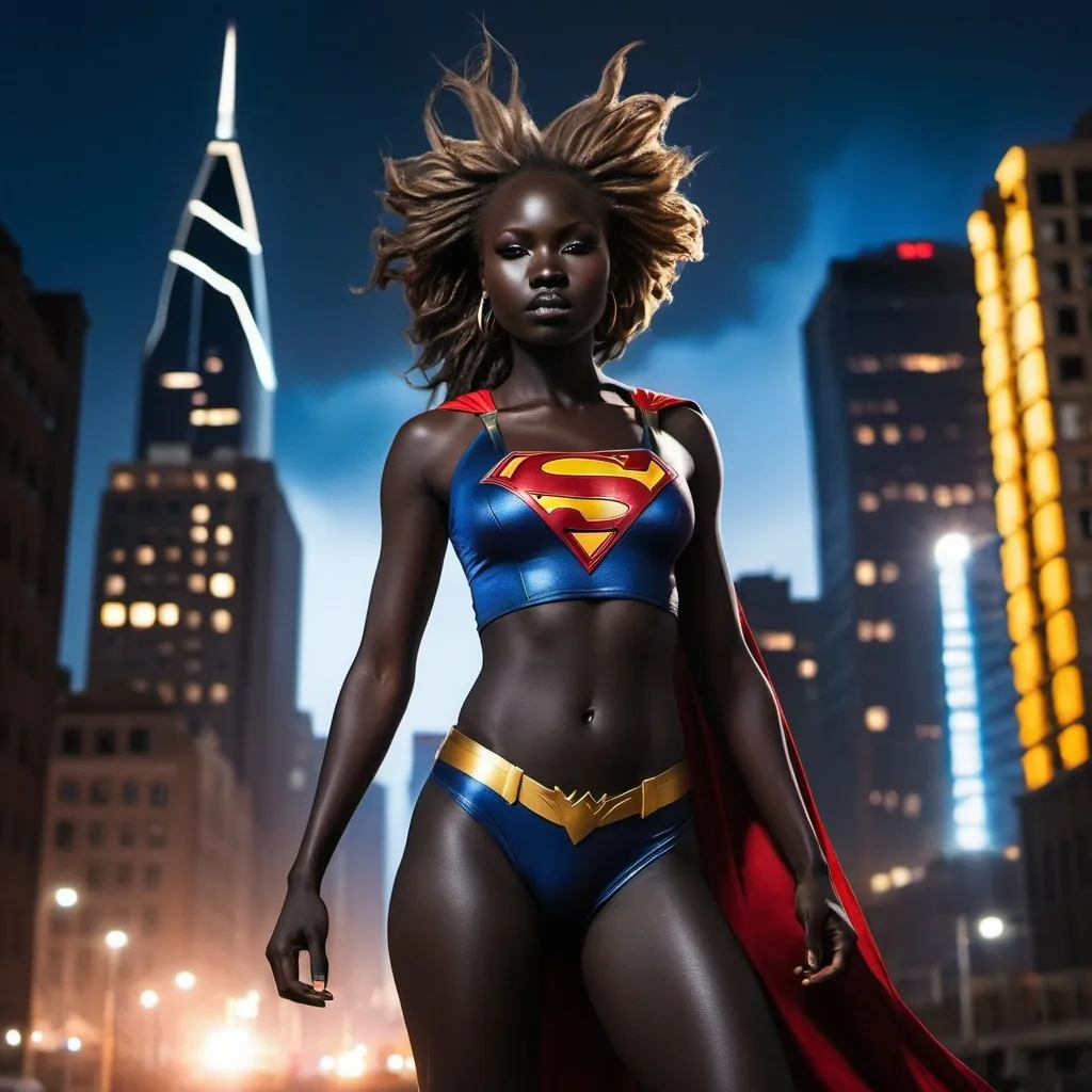 Prompt: south sudanese supergirl, seminudist, in Gotham City