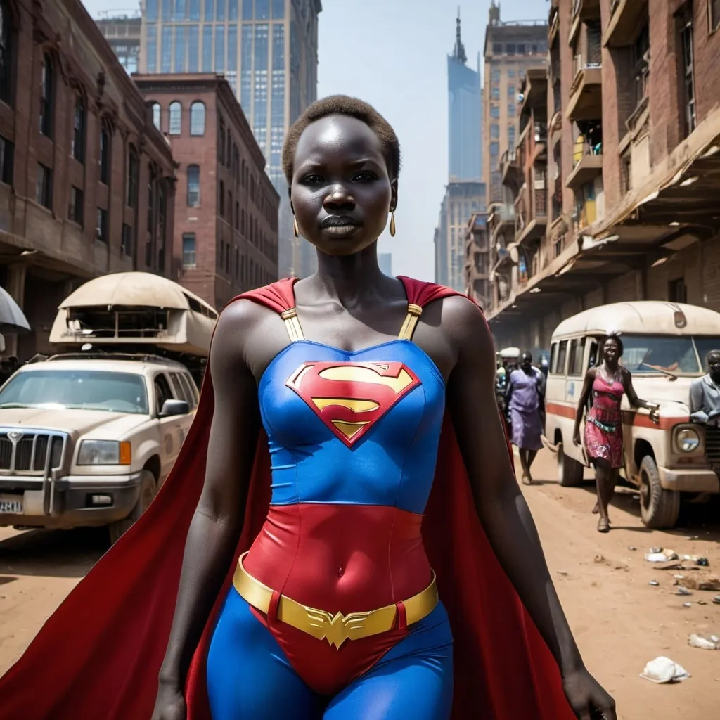 Prompt: south sudanese supergirl, seminudist, in Gotham City