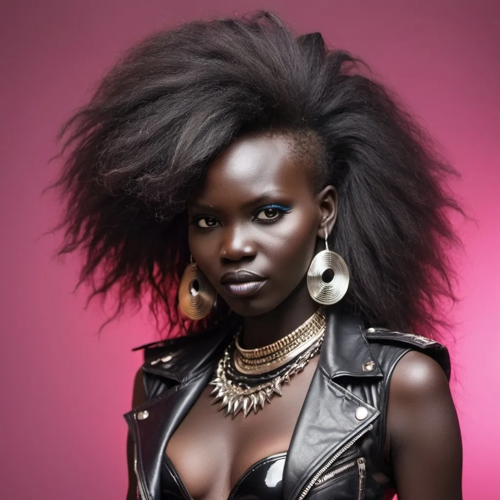 Prompt: south sudanese glam metal girl, rock, 80s, hair metal, glam rock, seminudist, retrowave style