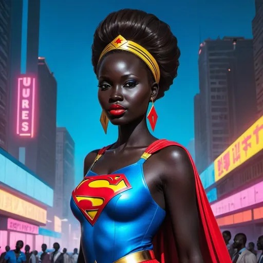 Prompt: south sudanese supergirl, seminudist, in Metropolis, retrowave style