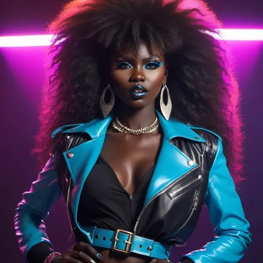 Prompt: south sudanese glam metal girl, rock, 80s, hair metal, glam rock, seminudist, retrowave style