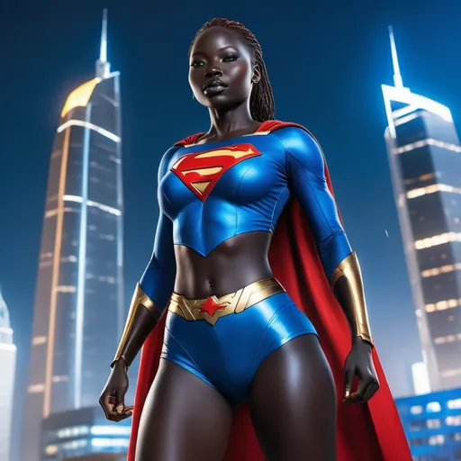 Prompt: south sudanese supergirl, seminudist, in Metropolis