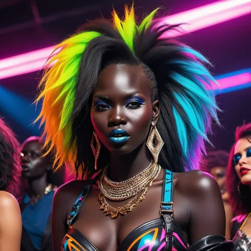 Prompt: south sudanese glam metal girls, rock, 80s, hair metal, glam rock, retrowave style