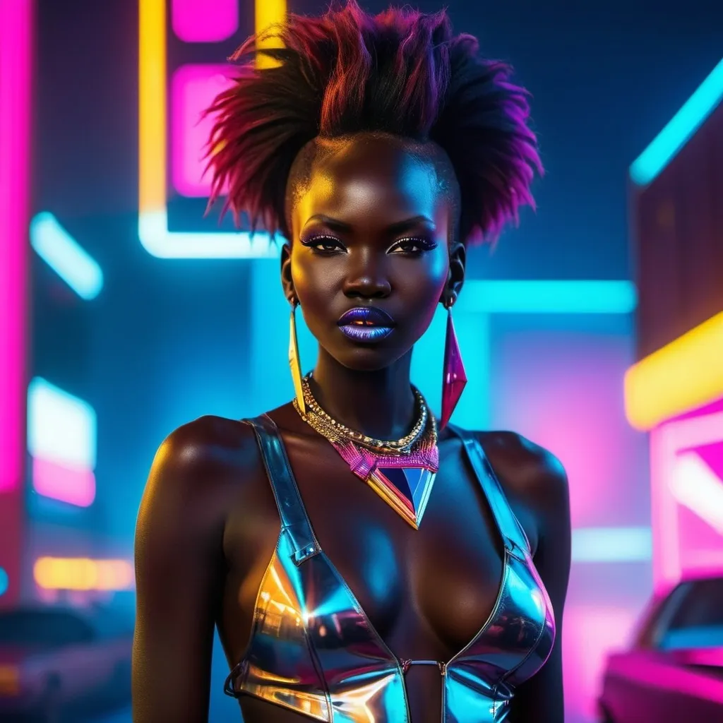 Prompt: south sudanese glam metal girl, seminudist, retrowave style