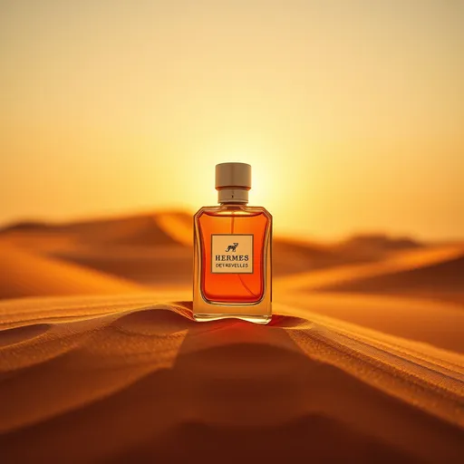 Prompt: A Hermès Élixir des Merveilles perfume bottle elegantly placed on the golden sands of the Sahara desert, captured in a stunning advertisement shot with a Canon R5 and a 90mm lens. The bottle glows under the warm hues of a setting sun, with its glass reflecting the ambient light. Majestic dunes rise softly in the blurred background, emphasizing the bottle's luxurious and radiant design, evoking sophistication and allure in a minimalist desert setting.