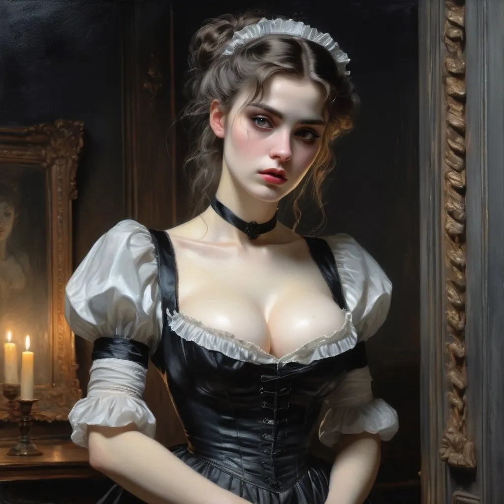 Prompt: Solo, masterpiece painting of a Gothic style chamber maid, cleavage, realistic detailed eyes, nice body, toned abs, perfect body figure, , perfect face, dark ambiance, well lit, painting by Giovanni Boldini, in the style of William Blake, (Elsa Beskow:1.3), (Léon Bakst:1.2), cohesive, , <LoRA:EnvyOilPastelXL01:0.8><LoRA:CyberWorld_v1_1:0.8>, at night, (eerie:0.8), beautiful, insane details, best quality, realistic, (dark:1.4)