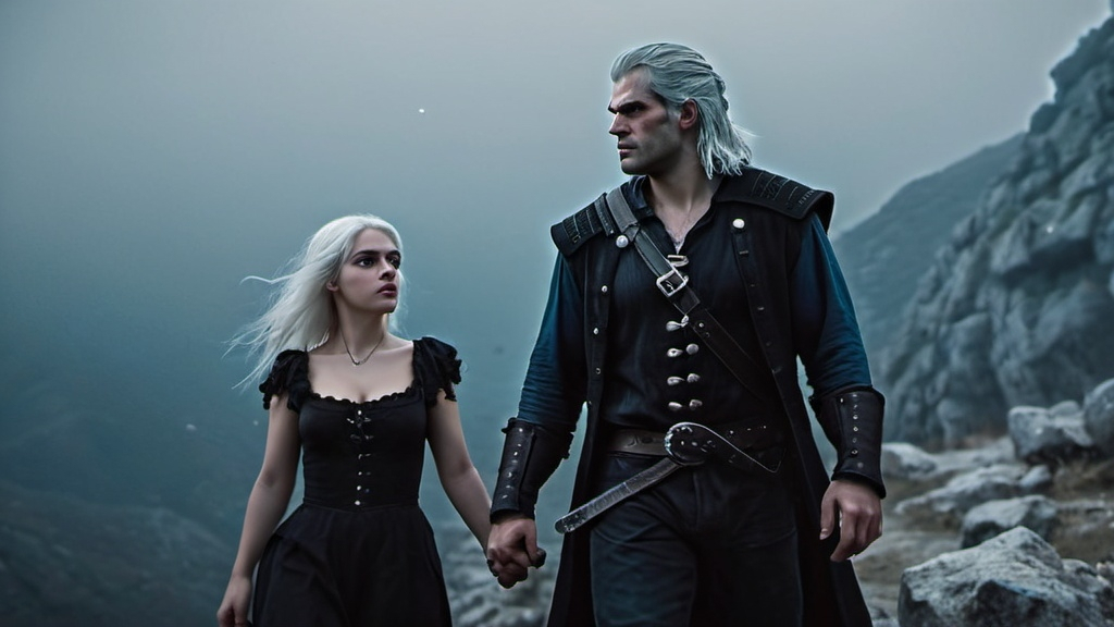 Prompt: night time, Geralt of Rivia (white-haired Henry Cavill in "The Witcher") and  Ye Yennefer (Anna Azarova) walk on rocky mountainous terrain in Epirus , atmospheric fog, horror aesthetic, blurry background, dark blue shades, the camera tracking alongside him in a smooth side-angle motion, HD, hypperealism, ultra detailed, clean image, 4Kextreme detail, extreme Longshot, 