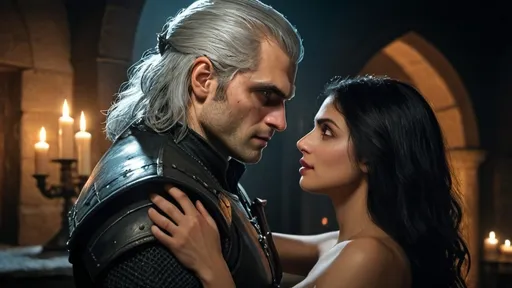 Prompt: erotical scene at winter night, Geralt of Rivia (Henry Cavill in "the Witcher") makes love with  medieval sorceress (curly-haired Morena Baccarin) realistic faces, he holds her chest, she screams happily, candle lit castle hall, her bare shoulders, intricate reflections, secret affair, Hyperrealism,High quality, sharp focus