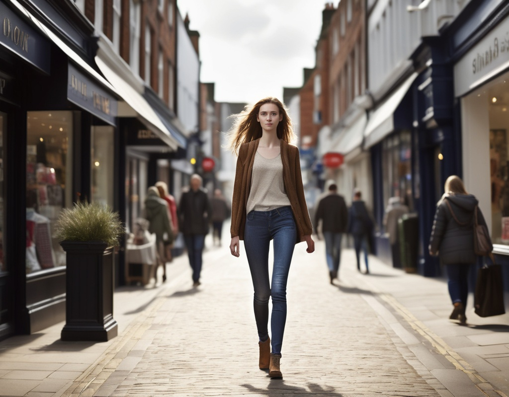 Prompt: Tall young woman walking down the high street, detailed clothing, realistic, natural lighting