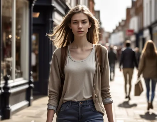 Prompt: Tall young woman walking down the high street, detailed clothing, realistic, natural lighting