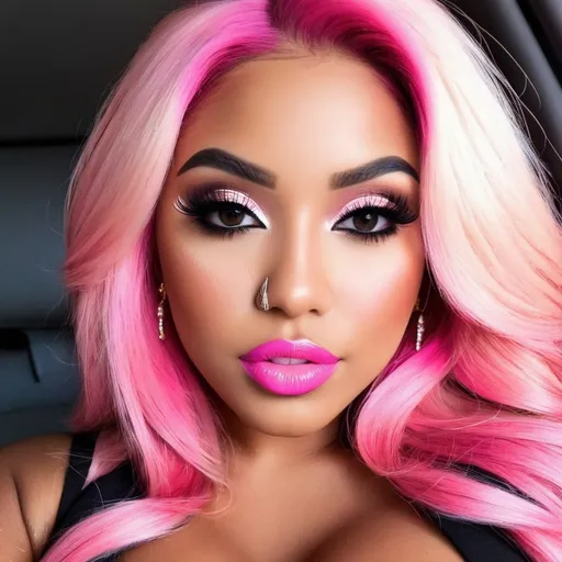 Prompt: an latina mix african mix indian lady big full lips black skin black eyes blonde hair and pink hair dressed as girly girl thick body latina make up