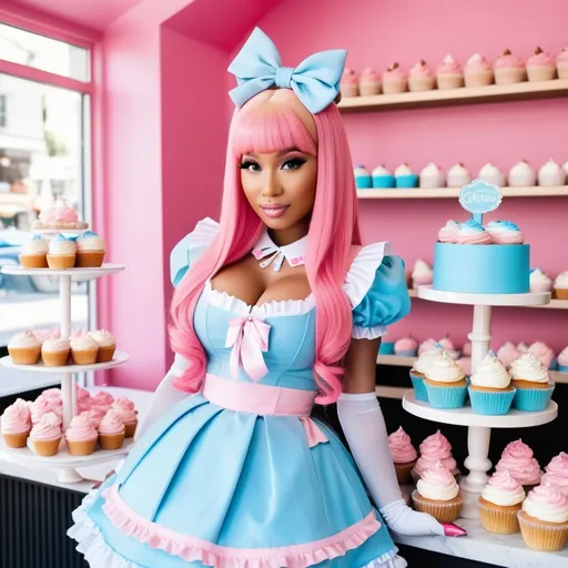 Prompt:  nicki minaj dressed as lolita in pink and blue in a bakery make cupcakes cute colors, pastel colors,