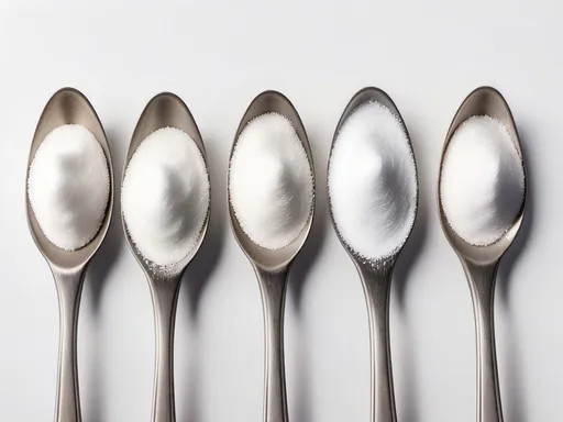 Prompt: 4 spoonfuls of sugar arranged in two columns and two rows, on a white background, no sugar out of the spoons, arranged 45 degrees 
