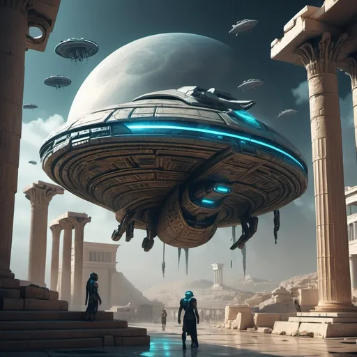 Prompt: Cyberpunk ancient greek scene, no robots, with spaceships, add greek myth element on spaceship