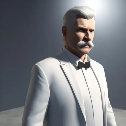 Prompt: Make a realistic image of white older male, in his 40's , white suit outfit, cop mustache, white swept back hair
