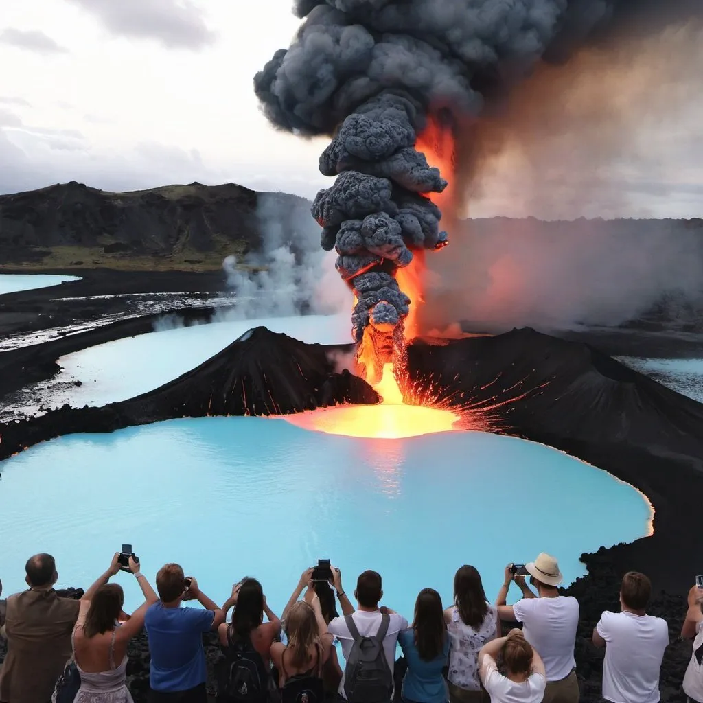 Prompt: A volcano erupting near the blue lagoon with people in it taking pictures
