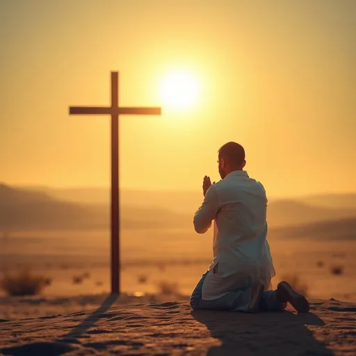 Prompt: Man on his knees praying before jesus, cross, holy, blessed, bright, mystical, thank the lord, desert, plains, morning, sun rising, ((masterpiece, best quality))