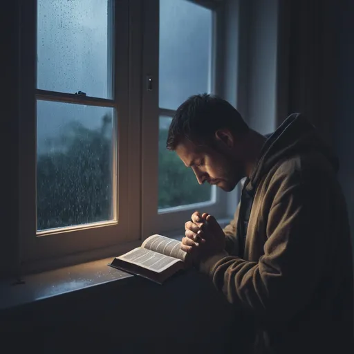 Prompt:  guy praying while looking out of a window at night at a rainstorm  and reading a Bible 