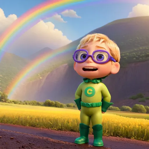 Prompt: A boy wearing goggles in a superhero costume looking at a rainbow in the distance
