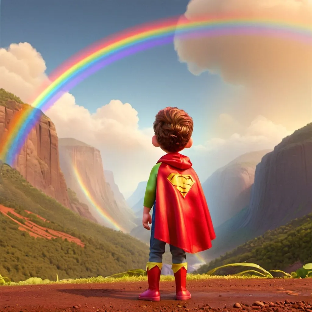 Prompt: A boy wearing goggles in a superhero costume with a small red cape with his back turned, looking in amazement at a rainbow in the distance.
