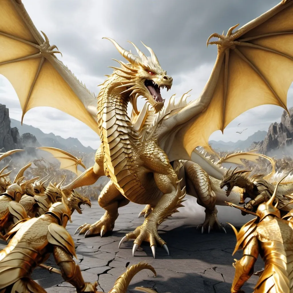 Prompt: golden white dragon Fight against large human armies Computer graphics 8k