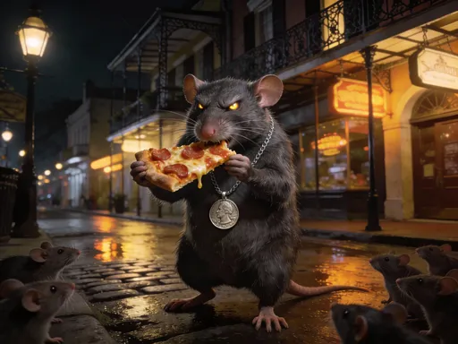 Prompt: This image will be set in a French Quarter, New Orleans streetscape in the dark, with lights from businesses reflecting off og the pavement. The subject of the image will be an oversized rat. He will walk upright as if human. Around the neck of the rat will be a necklace. The necklace will have a medallion which will be a coin, a quarter dollar. This rat will be eating pizza. He will also be scowling at nearby rats watching him.