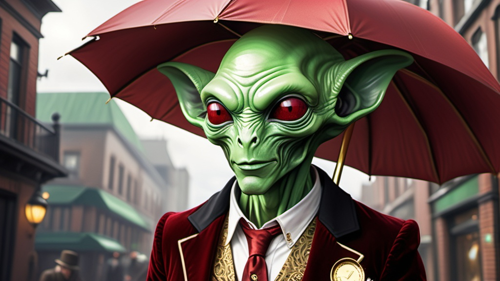 Prompt: This average build human-alien hybrid, with an athletic Irish-green colored skin, and gold coin shaped ears, and is staring directly at the viewer, with a wonderful smile. The man is wearing a red & obtuse gold velvet Victorian style suit, with a Fedora, and leaning on a fashionable sturdy umbrella. Behind the human-alien, there's a steampunk-looking car with intricate designs, including a shiny metallic surface and two spherical objects, in front are its headlights. This vivacious gregarious humanoid woman with an athletic light-red colored body, and diamond-ears is staring directly at the viewer, with a wonderful smile. The woman is wearing a red & obtuse cream &gold colored Victorian style gown, with a fashionable hat, and leaning on a fashionable sturdy umbrella.There are a vast variety of cars with intricate designs, including a shiny metallic blue surface and two crystal headlights, on one of them.The background is a gradient of dark metallic gold & obtuse green, giving an ambiance of a steampunk car showroom. A full body view of the woman, she's standing about 10 feet in front of the closest car, which has a yellow shaker hood scoop. Other cars resemble early Lamborghinis, Mustangs, Chevys, Mercury Cougars, Oldsmobiles, and more. These humanoids are married co-owners of the dealership. Both the woman and man are close together each other.