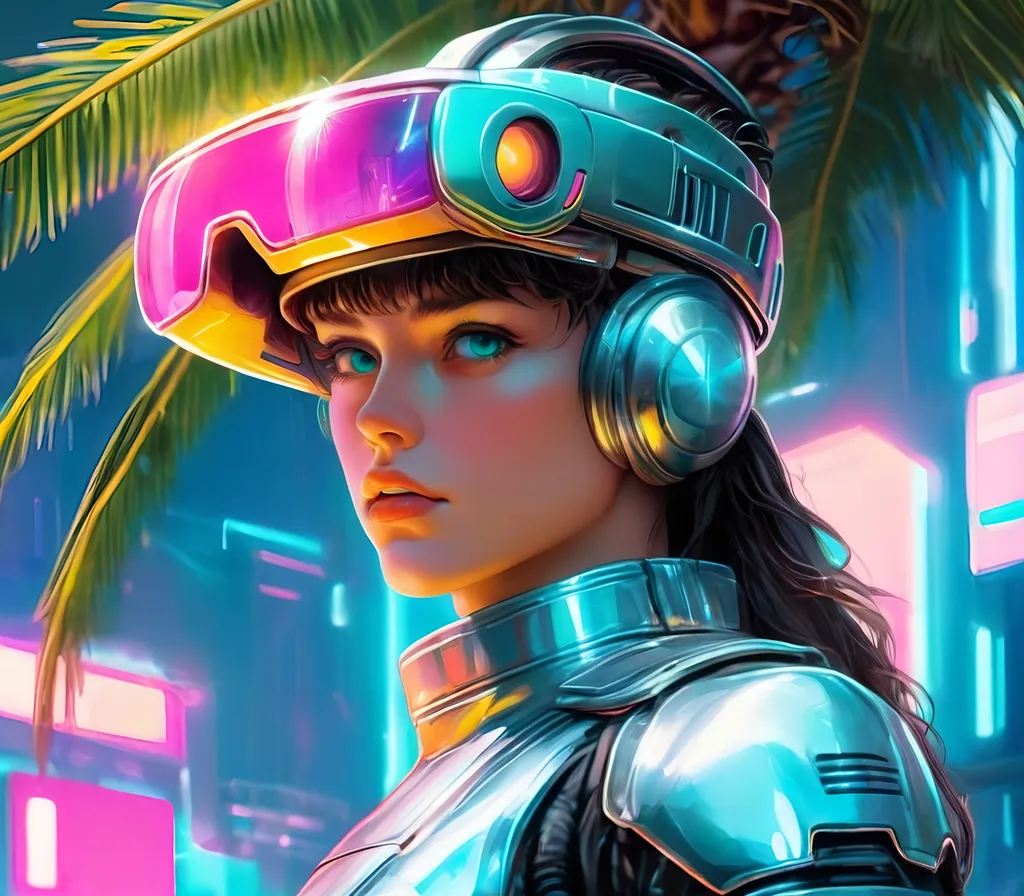 Prompt: a close up of a person wearing futuristic visors a palm tree, shiny cyberpunk colors, retrofuturism, 1980s sci-fi, game cover art, character, 4k