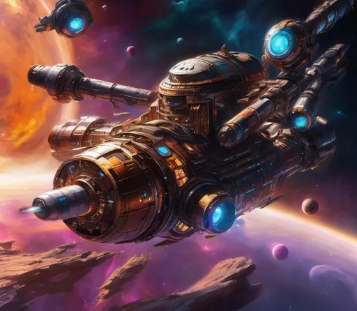 Prompt: Steampunk metallic.Use the styles of Issac Asimov, J. Michael Straczynski, 6 O'Neil Class Space Station vibrant🖍️⚡ colors,There are hundreds of starships🌌👽🛸 going to & fro, from the station, at any hour of the day.🛰️The station is center. 🛰️many stars, a nebula, in the background.vibrant,diamond style.🌕🌎🌖🌏🌕🌏🌓.Photorealistic, extremely Intricate detailed faces. 750,000 UHD 5D resolution. Crystal clarity. Insanely symmetrical.