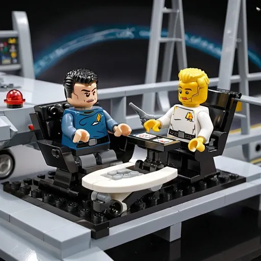 Prompt: Captain James T. Kirk of the USS Enterprise NCC 1701 sits, on his chair on the bridge. Spock is standing next to him talking. Captain Kirk is wearing the uniform used, in First Contact, and has 4 pips on his collar. Spock has pointed ears, and is a blue tunic with 4 pips on his collar for a commanding officer.