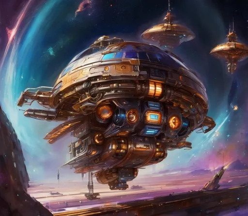 Prompt: Steampunk metallic.Use the styles of Issac Asimov, J. Michael Straczynski, 6 O'Neil Class Space Station vibrant🖍️⚡ colors,There are hundreds of starships🌌👽🛸 going to & fro, from the station, at any hour of the day.🛰️The station is center. 🛰️many stars, a nebula, in the background.vibrant,diamond style.🌕🌎🌖🌏🌕🌏🌓.Photorealistic, extremely Intricate detailed faces. 750,000 UHD 5D resolution. Crystal clarity. Insanely symmetrical.