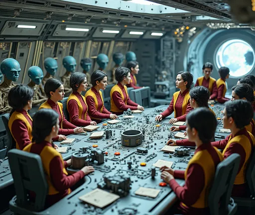 Prompt: (((The massive bridge of the starship is abuzz with activity as a diverse group of 16 recently graduated Cosmicfleet Academy cadets and 20 officers from various species.))). (((There are 4 Human men & 4 human women))), (((4 green matte))) (((men and women aliens with antennas, coming out of their heads))), (((6 metallic blue  headed humanoid ?male and female aliens, (((4 indigo matte humanoids with yellow freckles running in a weaving pattern over there right side of their face))), work together to prepare for their maiden voyage, of exploration. (((The bridge is meticulously designed to resemble the original USS Enterprise NCC 1701))). (((All of the crew are dressed in Victorian style uniforms designed, by Denise and Mike Okuda))). (((The aliens are designed, by Michael Westmore and Ridley Scott.))). (((As the cadets busy themselves with pre-flight checks, the human Caucasian male captain surveys the bridge with a seasoned eye, his experience and leadership evident in his confident demeanor.))). He's sitting, in his command chair. (((The air is electric with excitement and anticipation, as the next generation of Starfleet officers embarks on a journey under the guidance of a legendary captain.)))., 3d render, cinematic, vibrant, wildlife photography, fashion, portrait photography, 24 women, Blue eyes, Brown Hair, Black Hair, Red Eyes, Hair Ornament, Animal Ears, 24 men, Looking at viewer, Blonde Hair, Brown Hair, Black Hair, Japanese, Chinese, Dutch, Norwegian, German, Swedish, Italian, 5 Kenyan humans, Masterpiece, High Resolution, Anatomically Correct, Award Winning, Best Quality, High Details, UHD, Super Detailed, Long Hair, Short Hair, Blonde Hair, Brown Hair, Well Endowed. Bright vibrant scene.