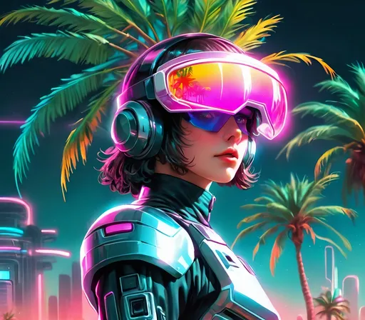 Prompt: a close up of a person wearing futuristic visors a palm tree, shiny cyberpunk colors, retrofuturism, 1980s sci-fi, game cover art, character, 4k