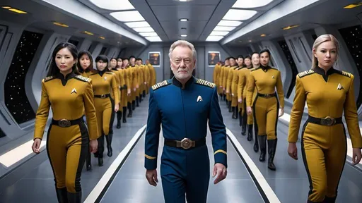 Prompt: (((The massive bridge of the starship is abuzz with activity as a diverse group of 16 recently graduated Cosmicfleet Academy cadets and 20 officers from various species.))). (((There are 4 Human men & 4 human women))), (((4 green matte))) (((men and women aliens with antennas, coming out of their heads))), (((6 metallic blue  headed humanoid ?male and female aliens, (((4 indigo matte humanoids with yellow freckles running in a weaving pattern over there right side of their face))), work together to prepare for their maiden voyage, of exploration. (((The bridge is meticulously designed to resemble the original USS Enterprise NCC 1701))). (((All of the crew are dressed in Victorian style uniforms designed, by Denise and Mike Okuda))). (((The aliens are designed, by Michael Westmore and Ridley Scott.))). (((As the cadets busy themselves with pre-flight checks, the human Caucasian male captain surveys the bridge with a seasoned eye, his experience and leadership evident in his confident demeanor.))). He's sitting, in his command chair. (((The air is electric with excitement and anticipation, as the next generation of Starfleet officers embarks on a journey under the guidance of a legendary captain.)))., 3d render, cinematic, vibrant, wildlife photography, fashion, portrait photography, 24 women, Blue eyes, Brown Hair, Black Hair, Red Eyes, Hair Ornament, Animal Ears, 24 men, Looking at viewer, Blonde Hair, Brown Hair, Black Hair, Japanese, Chinese, Dutch, Norwegian, German, Swedish, Italian, 5 Kenyan humans, Masterpiece, High Resolution, Anatomically Correct, Award Winning, Best Quality, High Details, UHD, Super Detailed, Long Hair, Short Hair, Blonde Hair, Brown Hair, Well Endowed. Bright vibrant scene.