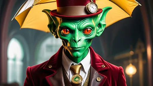 Prompt: This average build human-alien hybrid, with an athletic Irish-green colored skin, and gold coin shaped ears, and is staring directly at the viewer, with a wonderful smile. The man is wearing a red & obtuse gold velvet Victorian style suit, with a Fedora, and leaning on a fashionable sturdy umbrella. Behind the human-alien, there's a steampunk-looking car with intricate designs, including a shiny metallic surface and two spherical objects, in front are its headlights. This vivacious gregarious humanoid woman with an athletic light-red colored body, and diamond-ears is staring directly at the viewer, with a wonderful smile. The woman is wearing a red & obtuse cream &gold colored Victorian style gown, with a fashionable hat, and leaning on a fashionable sturdy umbrella.There are a vast variety of cars with intricate designs, including a shiny metallic blue surface and two crystal headlights, on one of them.The background is a gradient of dark metallic gold & obtuse green, giving an ambiance of a steampunk car showroom. A full body view of the woman, she's standing about 10 feet in front of the closest car, which has a yellow shaker hood scoop. Other cars resemble early Lamborghinis, Mustangs, Chevys, Mercury Cougars, Oldsmobiles, and more. These humanoids are married co-owners of the dealership. Both the woman and man are close together each other.