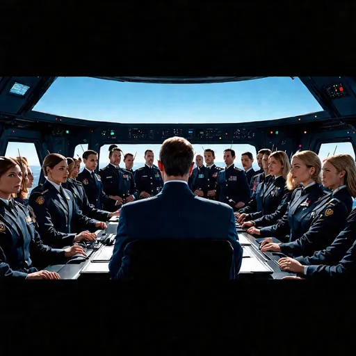 Prompt: (((The massive bridge of the starship is abuzz with activity as a diverse group of 16 recently graduated Cosmicfleet Academy cadets and 20 officers from various species.))). (((There are 4 Human men & 4 human women))), (((4 green matte))) (((men and women aliens with antennas, coming out of their heads))), (((6 metallic blue  headed humanoid ?male and female aliens, (((4 indigo matte humanoids with yellow freckles running in a weaving pattern over there right side of their face))), work together to prepare for their maiden voyage, of exploration. (((The bridge is meticulously designed to resemble the original USS Enterprise NCC 1701))). (((All of the crew are dressed in Victorian style uniforms designed, by Denise and Mike Okuda))). (((The aliens are designed, by Michael Westmore and Ridley Scott.))). (((As the cadets busy themselves with pre-flight checks, the human Caucasian male captain surveys the bridge with a seasoned eye, his experience and leadership evident in his confident demeanor.))). He's sitting, in his command chair. (((The air is electric with excitement and anticipation, as the next generation of Starfleet officers embarks on a journey under the guidance of a legendary captain.)))., 3d render, cinematic, vibrant, wildlife photography, fashion, portrait photography, 24 women, Blue eyes, Brown Hair, Black Hair, Red Eyes, Hair Ornament, Animal Ears, 24 men, Looking at viewer, Blonde Hair, Brown Hair, Black Hair, Japanese, Chinese, Dutch, Norwegian, German, Swedish, Italian, 5 Kenyan humans, Masterpiece, High Resolution, Anatomically Correct, Award Winning, Best Quality, High Details, UHD, Super Detailed, Long Hair, Short Hair, Blonde Hair, Brown Hair, Well Endowed. Bright vibrant scene.