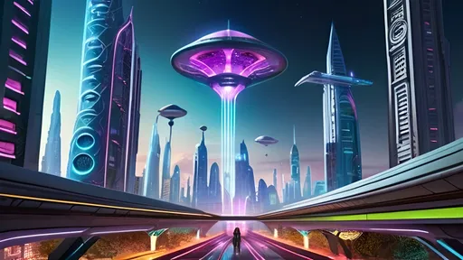 Prompt: A futuristic alien cityscape with towering skyscrapers, intricate architectural designs, and neon-lit pathways. There are flying vehicles hovering above the ground, and the environment is adorned with vibrant light trails. The foreground features several humanoid figures, possibly inhabitants of this advanced civilization, walking along the pathways. The overall ambiance is a blend of technological advancement and natural elements, suggesting a harmonious coexistence of the two.