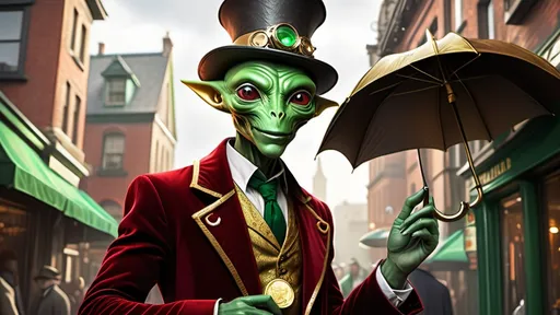 Prompt: This average build human-alien hybrid, with an athletic Irish-green colored skin, and gold coin shaped ears, and is staring directly at the viewer, with a wonderful smile. The man is wearing a red & obtuse gold velvet Victorian style suit, with a Fedora, and leaning on a fashionable sturdy umbrella. Behind the human-alien, there's a steampunk-looking car with intricate designs, including a shiny metallic surface and two spherical objects, in front are its headlights. This vivacious gregarious humanoid woman with an athletic light-red colored body, and diamond-ears is staring directly at the viewer, with a wonderful smile. The woman is wearing a red & obtuse cream &gold colored Victorian style gown, with a fashionable hat, and leaning on a fashionable sturdy umbrella.There are a vast variety of cars with intricate designs, including a shiny metallic blue surface and two crystal headlights, on one of them.The background is a gradient of dark metallic gold & obtuse green, giving an ambiance of a steampunk car showroom. A full body view of the woman, she's standing about 10 feet in front of the closest car, which has a yellow shaker hood scoop. Other cars resemble early Lamborghinis, Mustangs, Chevys, Mercury Cougars, Oldsmobiles, and more. These humanoids are married co-owners of the dealership. Both the woman and man are close together each other.