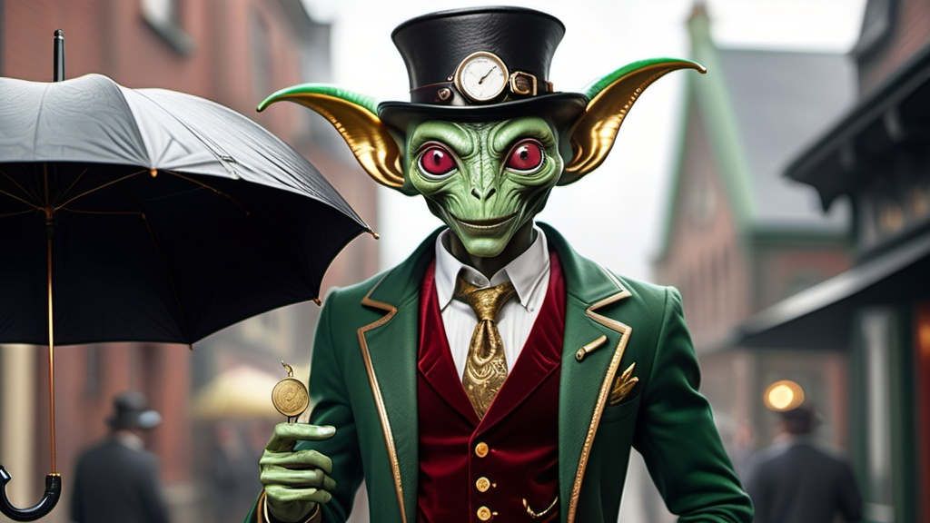 Prompt: This average build human-alien hybrid, with an athletic Irish-green colored skin, and gold coin shaped ears, and is staring directly at the viewer, with a wonderful smile. The man is wearing a red & obtuse gold velvet Victorian style suit, with a Fedora, and leaning on a fashionable sturdy umbrella. Behind the human-alien, there's a steampunk-looking car with intricate designs, including a shiny metallic surface and two spherical objects, in front are its headlights. This vivacious gregarious humanoid woman with an athletic light-red colored body, and diamond-ears is staring directly at the viewer, with a wonderful smile. The woman is wearing a red & obtuse cream &gold colored Victorian style gown, with a fashionable hat, and leaning on a fashionable sturdy umbrella.There are a vast variety of cars with intricate designs, including a shiny metallic blue surface and two crystal headlights, on one of them.The background is a gradient of dark metallic gold & obtuse green, giving an ambiance of a steampunk car showroom. A full body view of the woman, she's standing about 10 feet in front of the closest car, which has a yellow shaker hood scoop. Other cars resemble early Lamborghinis, Mustangs, Chevys, Mercury Cougars, Oldsmobiles, and more. These humanoids are married co-owners of the dealership. Both the woman and man are close together each other.