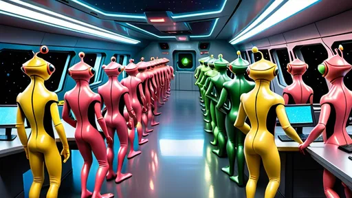 Prompt: The bridge of the starship is abuzz with activity as a diverse group of 12 recently graduated Cosmicfleet Academy cadets and 12 officers from various species, one is anthropomorphic metallic red frog humanoid, 3 Humans, green aliens with antennas, coming out of their heads, blue squarish headed humanoid aliens, pink humanoids with yellow freckles running in a weaving pattern over there right side of their face, work together to prepare for their maiden voyage, of exploration. The bridge is meticulously designed to resemble the original USS Enterprise NCC 1701. All of the crew are dressed in Victorian style uniforms designed, by Denise and Mike Okuda. The aliens are designed, by Michael Westmore. As the cadets busy themselves with pre-flight checks, the human Caucasian male Captain surveys the bridge with a seasoned eye, his experience and leadership evident in his confident demeanor. He's sitting, in his command chair. The air is electric with excitement and anticipation, as the next generation of Starfleet officers embarks on a journey under the guidance of a legendary captain., 3d render, cinematic, vibrant, wildlife photography, fashion, portrait photography, photo1girl, 24 women, Blue eyes, Brown Hair, Black Hair, Red Eyes, Hair Ornament, Animal Ears, 30 men, Looking at viewer, Blonde Hair, Brown Hair, Black Hair, Japanese, Chinese, Dutch, Norwegian, German, Swedish, Italian, 5 Kenyan humans, Masterpiece, High Resolution, Anatomically Correct, Award Winning, Best Quality, High Details, UHD, Super Detailed, Long Hair, Short Hair, Blonde Hair, Brown Hair, Well Endowed.