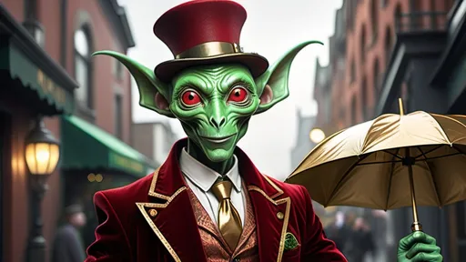 Prompt: This average build human-alien hybrid, with an athletic Irish-green colored skin, and gold coin shaped ears, and is staring directly at the viewer, with a wonderful smile. The man is wearing a red & obtuse gold velvet Victorian style suit, with a Fedora, and leaning on a fashionable sturdy umbrella. Behind the human-alien, there's a steampunk-looking car with intricate designs, including a shiny metallic surface and two spherical objects, in front are its headlights. This vivacious gregarious humanoid woman with an athletic light-red colored body, and diamond-ears is staring directly at the viewer, with a wonderful smile. The woman is wearing a red & obtuse cream &gold colored Victorian style gown, with a fashionable hat, and leaning on a fashionable sturdy umbrella.There are a vast variety of cars with intricate designs, including a shiny metallic blue surface and two crystal headlights, on one of them.The background is a gradient of dark metallic gold & obtuse green, giving an ambiance of a steampunk car showroom. A full body view of the woman, she's standing about 10 feet in front of the closest car, which has a yellow shaker hood scoop. Other cars resemble early Lamborghinis, Mustangs, Chevys, Mercury Cougars, Oldsmobiles, and more. These humanoids are married co-owners of the dealership. Both the woman and man are close together each other.