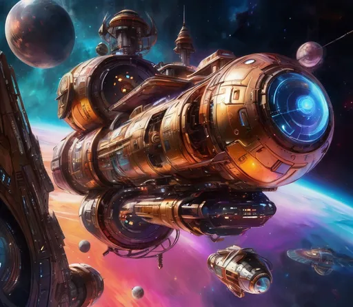 Prompt: Steampunk metallic.Use the styles of Issac Asimov, J. Michael Straczynski, 6 O'Neil Class Space Station vibrant🖍️⚡ colors,There are hundreds of starships🌌👽🛸 going to & fro, from the station, at any hour of the day.🛰️The station is center. 🛰️many stars, a nebula, in the background.vibrant,diamond style.🌕🌎🌖🌏🌕🌏🌓.Photorealistic, extremely Intricate detailed faces. 750,000 UHD 5D resolution. Crystal clarity. Insanely symmetrical.