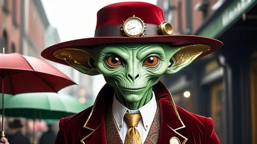 Prompt: This average build human-alien hybrid, with an athletic Irish-green colored skin, and gold coin shaped ears, and is staring directly at the viewer, with a wonderful smile. The man is wearing a red & obtuse gold velvet Victorian style suit, with a Fedora, and leaning on a fashionable sturdy umbrella. Behind the human-alien, there's a steampunk-looking car with intricate designs, including a shiny metallic surface and two spherical objects, in front are its headlights. This vivacious gregarious humanoid woman with an athletic light-red colored body, and diamond-ears is staring directly at the viewer, with a wonderful smile. The woman is wearing a red & obtuse cream &gold colored Victorian style gown, with a fashionable hat, and leaning on a fashionable sturdy umbrella.There are a vast variety of cars with intricate designs, including a shiny metallic blue surface and two crystal headlights, on one of them.The background is a gradient of dark metallic gold & obtuse green, giving an ambiance of a steampunk car showroom. A full body view of the woman, she's standing about 10 feet in front of the closest car, which has a yellow shaker hood scoop. Other cars resemble early Lamborghinis, Mustangs, Chevys, Mercury Cougars, Oldsmobiles, and more. These humanoids are married co-owners of the dealership. Both the woman and man are close together each other.