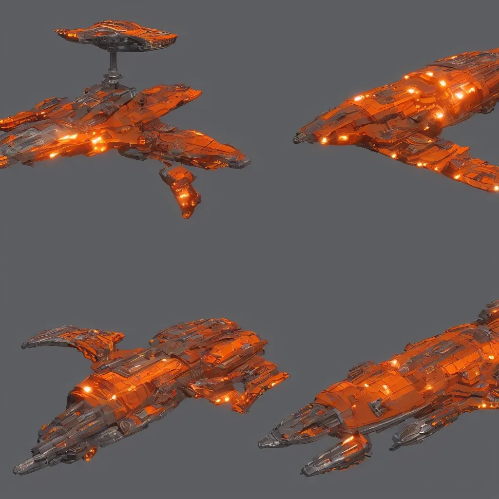 Prompt: Space cruiser, futuristic, sci-fi, dragon themed shaped, dynamic lighting, orbiting fiery planet in space, front view, side view top view