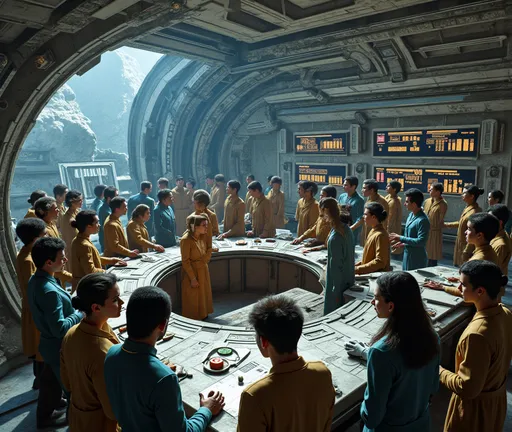 Prompt: (((The massive bridge of the starship is abuzz with activity as a diverse group of 16 recently graduated Cosmicfleet Academy cadets and 20 officers from various species.))). (((There are 4 Human men & 4 human women))), (((4 green matte))) (((men and women aliens with antennas, coming out of their heads))), (((6 metallic blue  headed humanoid ?male and female aliens, (((4 indigo matte humanoids with yellow freckles running in a weaving pattern over there right side of their face))), work together to prepare for their maiden voyage, of exploration. (((The bridge is meticulously designed to resemble the original USS Enterprise NCC 1701))). (((All of the crew are dressed in Victorian style uniforms designed, by Denise and Mike Okuda))). (((The aliens are designed, by Michael Westmore and Ridley Scott.))). (((As the cadets busy themselves with pre-flight checks, the human Caucasian male captain surveys the bridge with a seasoned eye, his experience and leadership evident in his confident demeanor.))). He's sitting, in his command chair. (((The air is electric with excitement and anticipation, as the next generation of Starfleet officers embarks on a journey under the guidance of a legendary captain.)))., 3d render, cinematic, vibrant, wildlife photography, fashion, portrait photography, 24 women, Blue eyes, Brown Hair, Black Hair, Red Eyes, Hair Ornament, Animal Ears, 24 men, Looking at viewer, Blonde Hair, Brown Hair, Black Hair, Japanese, Chinese, Dutch, Norwegian, German, Swedish, Italian, 5 Kenyan humans, Masterpiece, High Resolution, Anatomically Correct, Award Winning, Best Quality, High Details, UHD, Super Detailed, Long Hair, Short Hair, Blonde Hair, Brown Hair, Well Endowed. Bright vibrant scene.