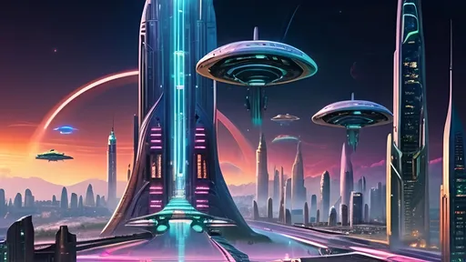 Prompt: A futuristic alien cityscape with towering skyscrapers, intricate architectural designs, and neon-lit pathways. There are flying vehicles hovering above the ground, and the environment is adorned with vibrant light trails. The foreground features several humanoid figures, possibly inhabitants of this advanced civilization, walking along the pathways. The overall ambiance is a blend of technological advancement and natural elements, suggesting a harmonious coexistence of the two.