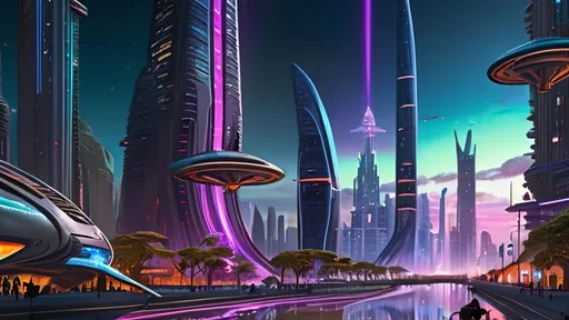 Prompt: A futuristic alien cityscape with towering skyscrapers, intricate architectural designs, and neon-lit pathways. There are flying vehicles hovering above the ground, and the environment is adorned with vibrant light trails. The foreground features several humanoid figures, possibly inhabitants of this advanced civilization, walking along the pathways. The overall ambiance is a blend of technological advancement and natural elements, suggesting a harmonious coexistence of the two.