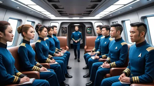 Prompt: (((The massive bridge of the starship is abuzz with activity as a diverse group of 16 recently graduated Cosmicfleet Academy cadets and 20 officers from various species.))). (((There are 4 Human men & 4 human women))), (((4 green matte))) (((men and women aliens with antennas, coming out of their heads))), (((6 metallic blue  headed humanoid ?male and female aliens, (((4 indigo matte humanoids with yellow freckles running in a weaving pattern over there right side of their face))), work together to prepare for their maiden voyage, of exploration. (((The bridge is meticulously designed to resemble the original USS Enterprise NCC 1701))). (((All of the crew are dressed in Victorian style uniforms designed, by Denise and Mike Okuda))). (((The aliens are designed, by Michael Westmore and Ridley Scott.))). (((As the cadets busy themselves with pre-flight checks, the human Caucasian male captain surveys the bridge with a seasoned eye, his experience and leadership evident in his confident demeanor.))). He's sitting, in his command chair. (((The air is electric with excitement and anticipation, as the next generation of Starfleet officers embarks on a journey under the guidance of a legendary captain.)))., 3d render, cinematic, vibrant, wildlife photography, fashion, portrait photography, 24 women, Blue eyes, Brown Hair, Black Hair, Red Eyes, Hair Ornament, Animal Ears, 24 men, Looking at viewer, Blonde Hair, Brown Hair, Black Hair, Japanese, Chinese, Dutch, Norwegian, German, Swedish, Italian, 5 Kenyan humans, Masterpiece, High Resolution, Anatomically Correct, Award Winning, Best Quality, High Details, UHD, Super Detailed, Long Hair, Short Hair, Blonde Hair, Brown Hair, Well Endowed. Bright vibrant scene.