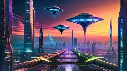 Prompt: A futuristic alien cityscape with towering skyscrapers, intricate architectural designs, and neon-lit pathways. There are flying vehicles hovering above the ground, and the environment is adorned with vibrant light trails. The foreground features several humanoid figures, possibly inhabitants of this advanced civilization, walking along the pathways. The overall ambiance is a blend of technological advancement and natural elements, suggesting a harmonious coexistence of the two.